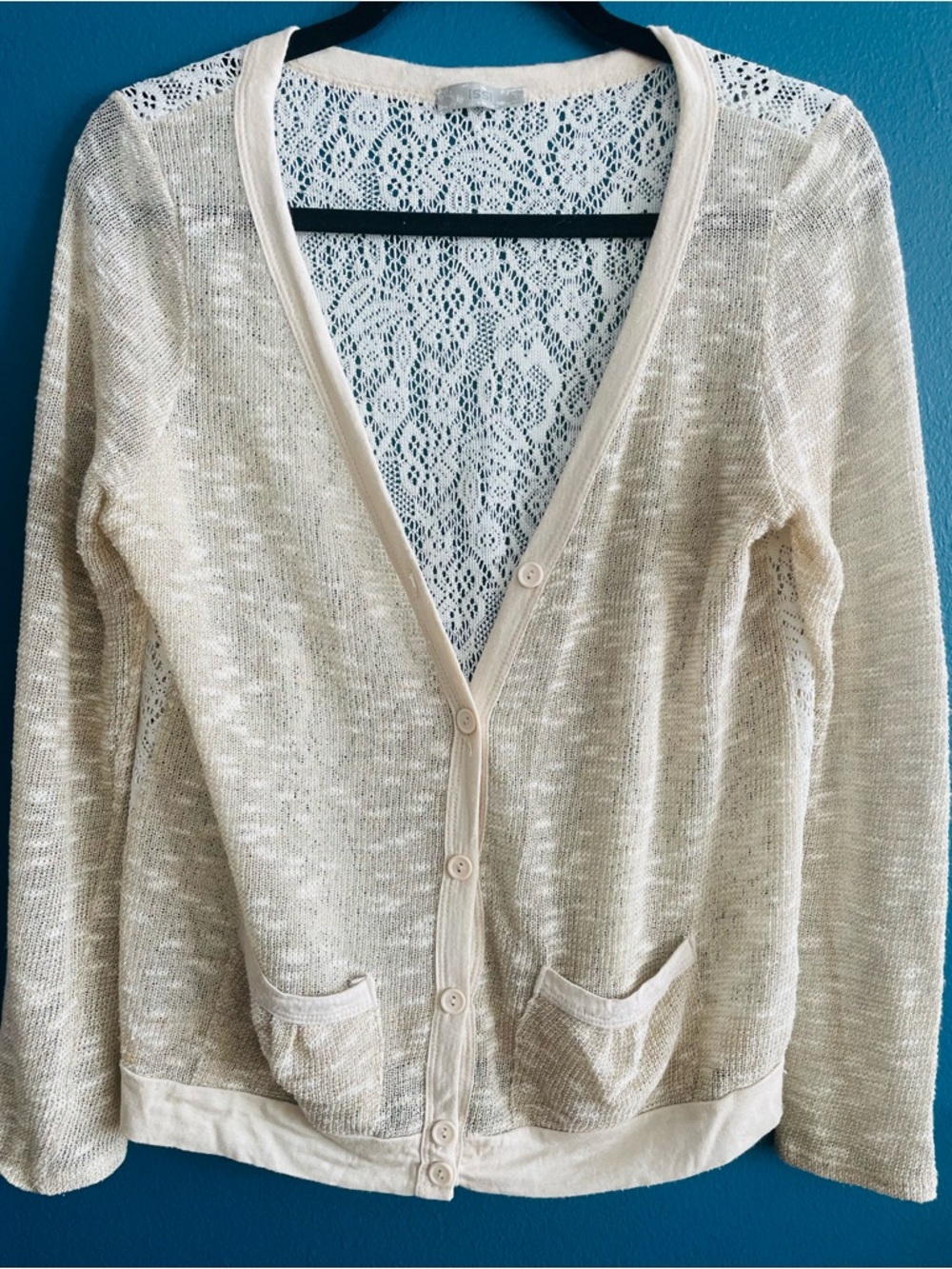Light Cream Womens Lace-Back Button Cardigan